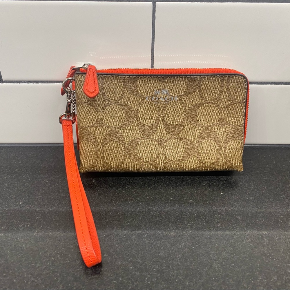 Coach Brown and Orange Signature Wristlet